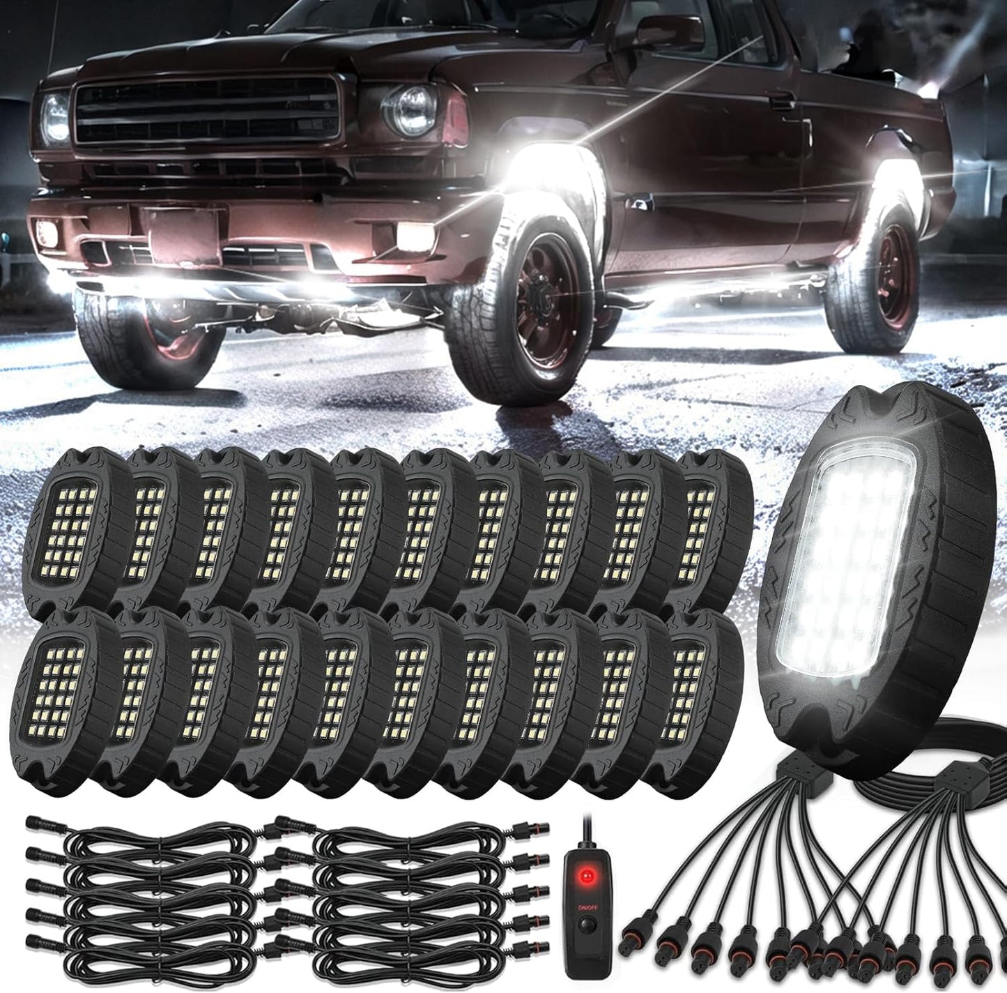 Illuminate Your Ride with 20 Pods of Alloy Pure White LED Rock Lights - Super Bright 6500K Waterproof Underglow Kit for Trucks, Trailers, and Off-Road Adventures