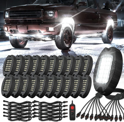 Illuminate Your Ride with 20 Pods of Alloy Pure White LED Rock Lights - Super Bright 6500K Waterproof Underglow Kit for Trucks, Trailers, and Off-Road Adventures