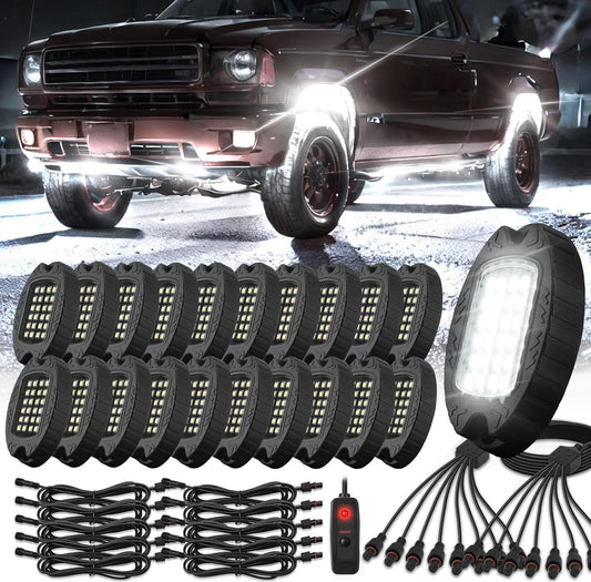Illuminate Your Ride with 20 Pods of Alloy Pure White LED Rock Lights - Super Bright 6500K Waterproof Underglow Kit for Trucks, Trailers, and Off-Road Adventures