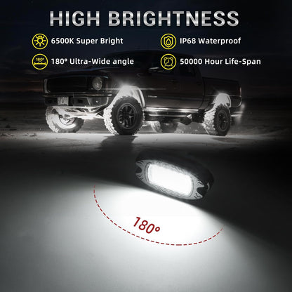 Illuminate Your Ride with 20 Pods of Alloy Pure White LED Rock Lights - Super Bright 6500K Waterproof Underglow Kit for Trucks, Trailers, and Off-Road Adventures
